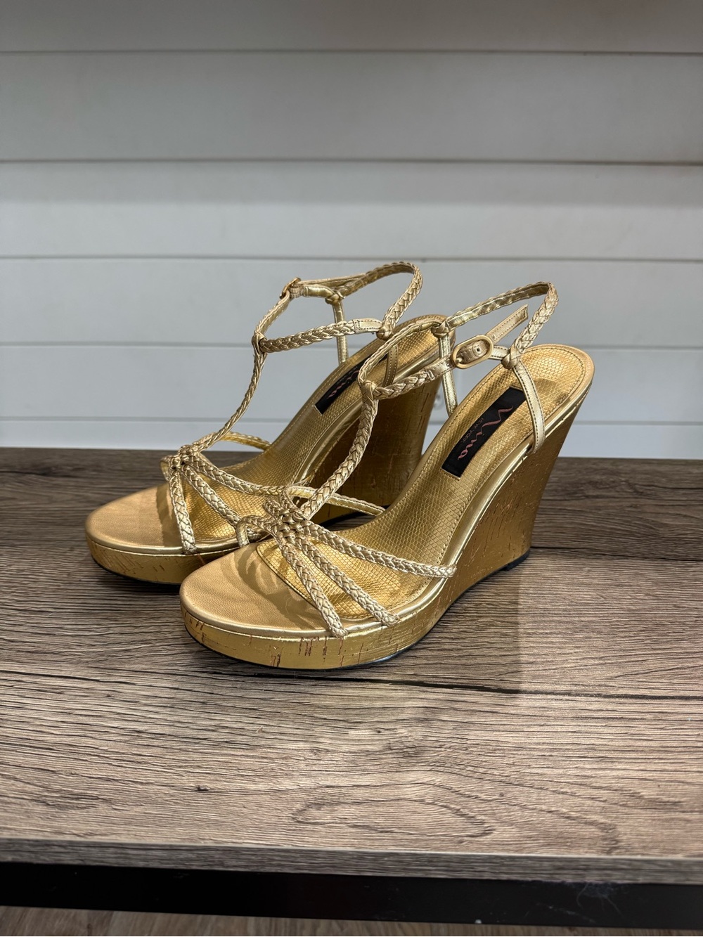 Nina Gold Braided Strap Wedge Sandals